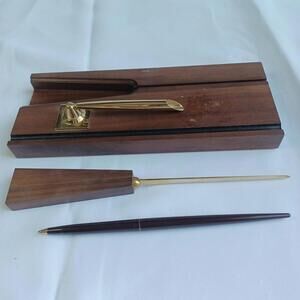 Vtg Jostens Letter Opener Pen‎ Holder Desk Set Wood American Walnut Collection